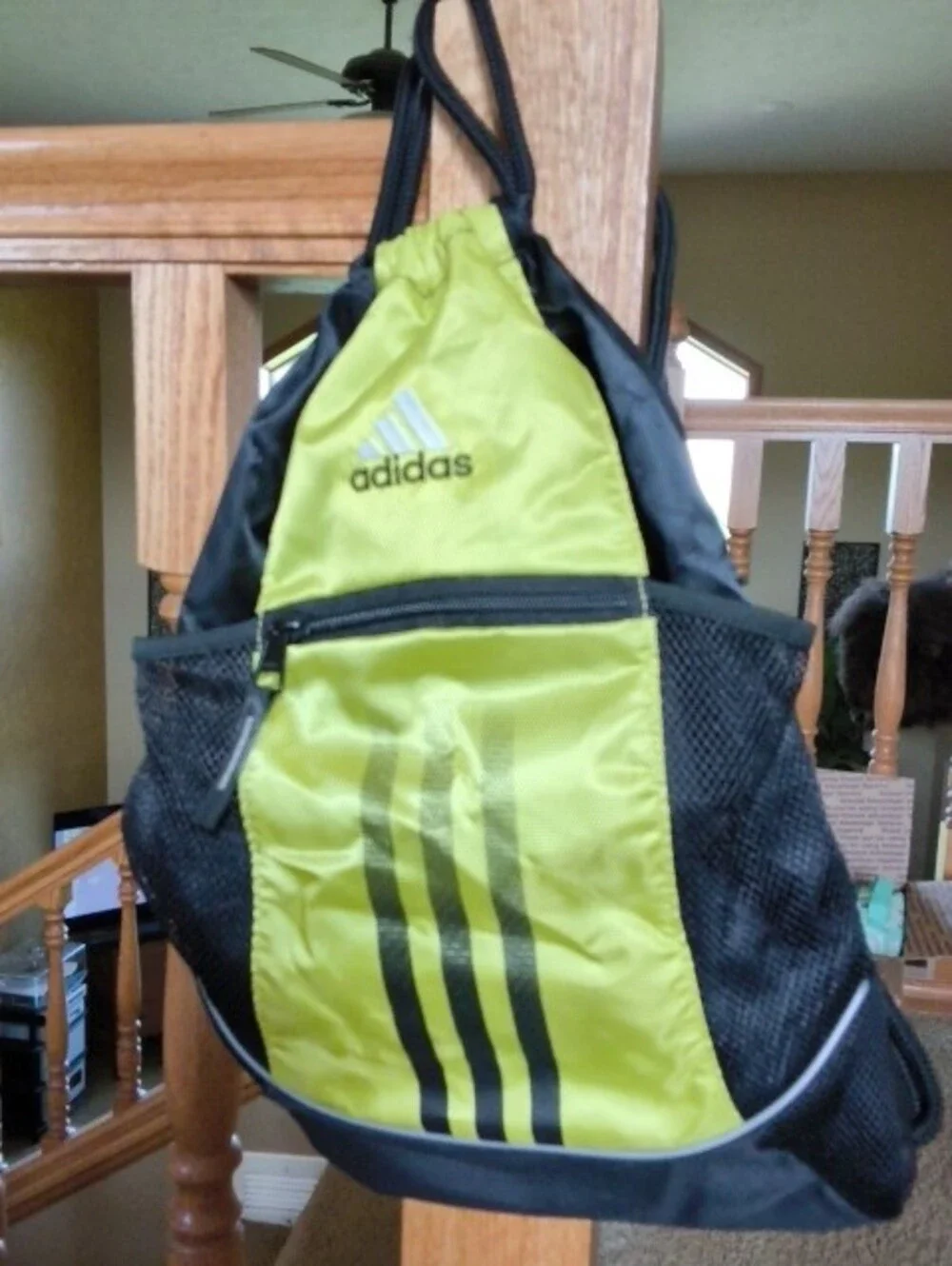 Adidas Black and Yellow Drawstring Backpack with Front Zip Pocket
